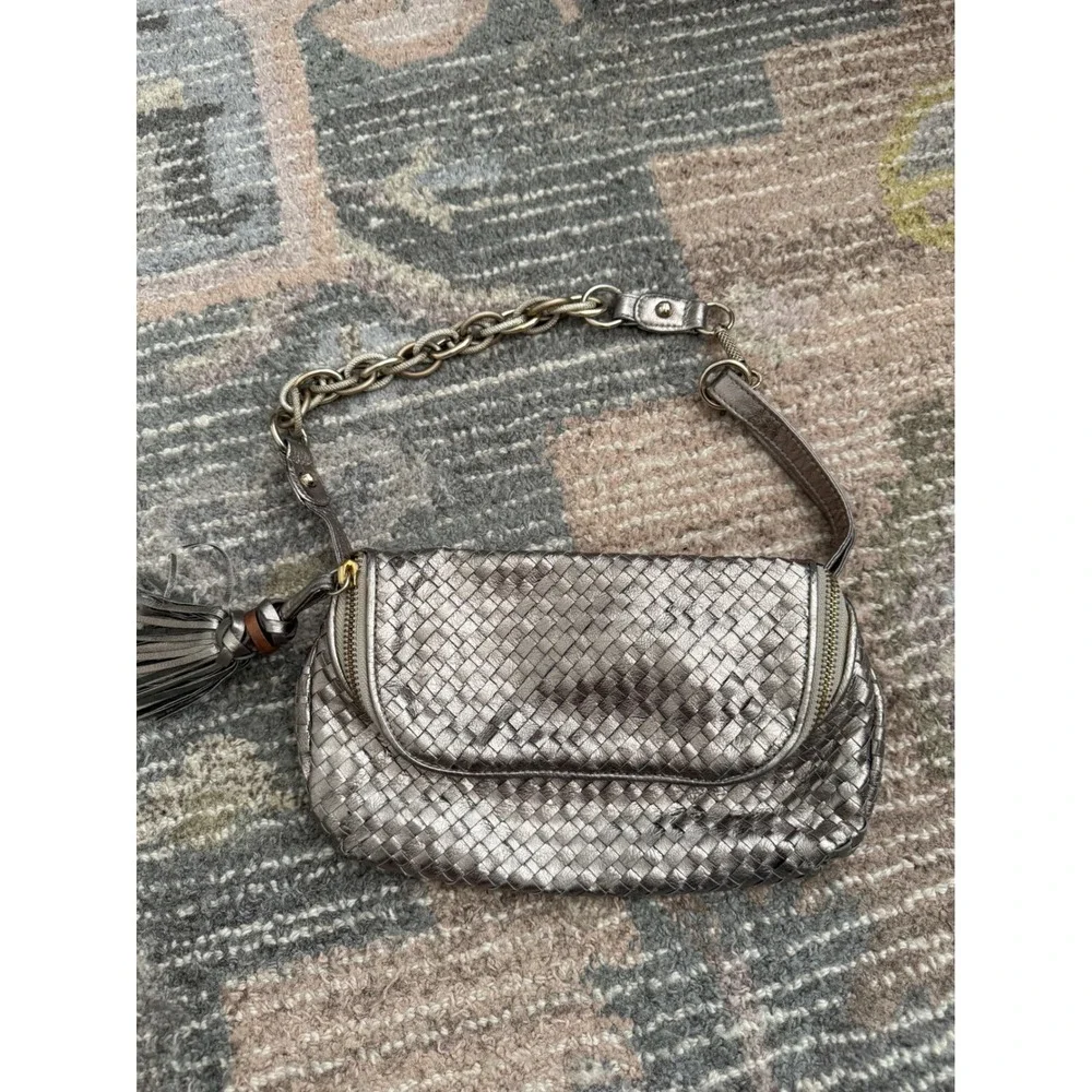 Elliott Lucca Pewter Woven Leather Shoulder Bag Metallic Y2K Tassel